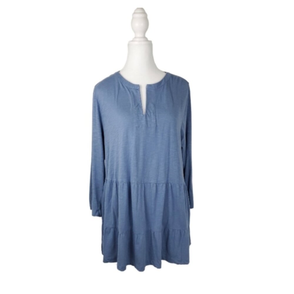 J. Jill Popover Boho Tiered Ruffle Tunic Top L Blue Cotton Tencel 3/4 Sleeve